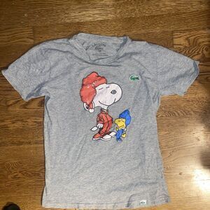 Lacoste Peanuts Snoopy Cartoon T Shirt Men's M Slim Distressed Gray